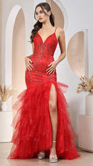 Adora Design 3205 - Embellished Tiered Ruffle Dress with Slit