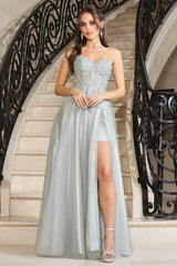 Adora Design 3211 - Strapless Embroidered Corset Dress with Slit