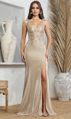 Adora Design 3230 - Wide Strap Applique High Slit Dress