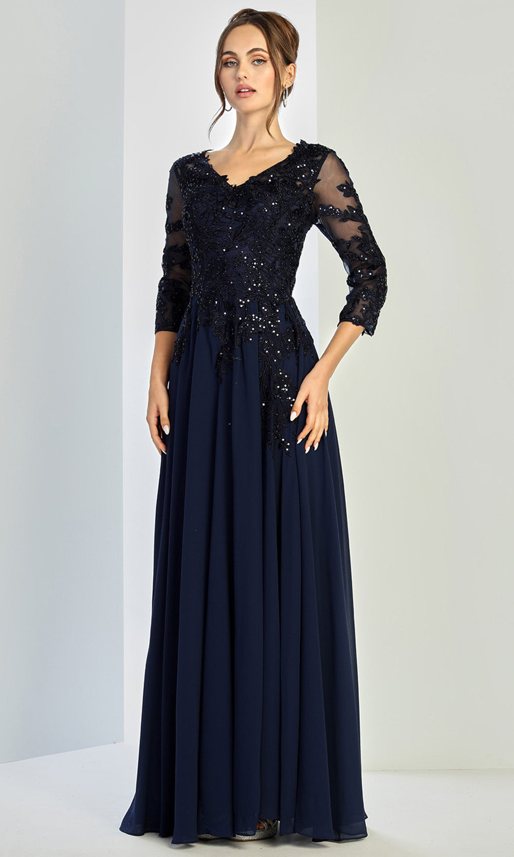 Adora Design 3247-03 - Illusion Sleeve Embellished A-Line Gown
