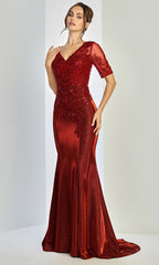 Adora Design 3252-03 - Illusion Short Sleeve Applique Long Gown