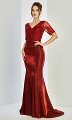Adora Design 3252-03 - Illusion Short Sleeve Applique Long Gown