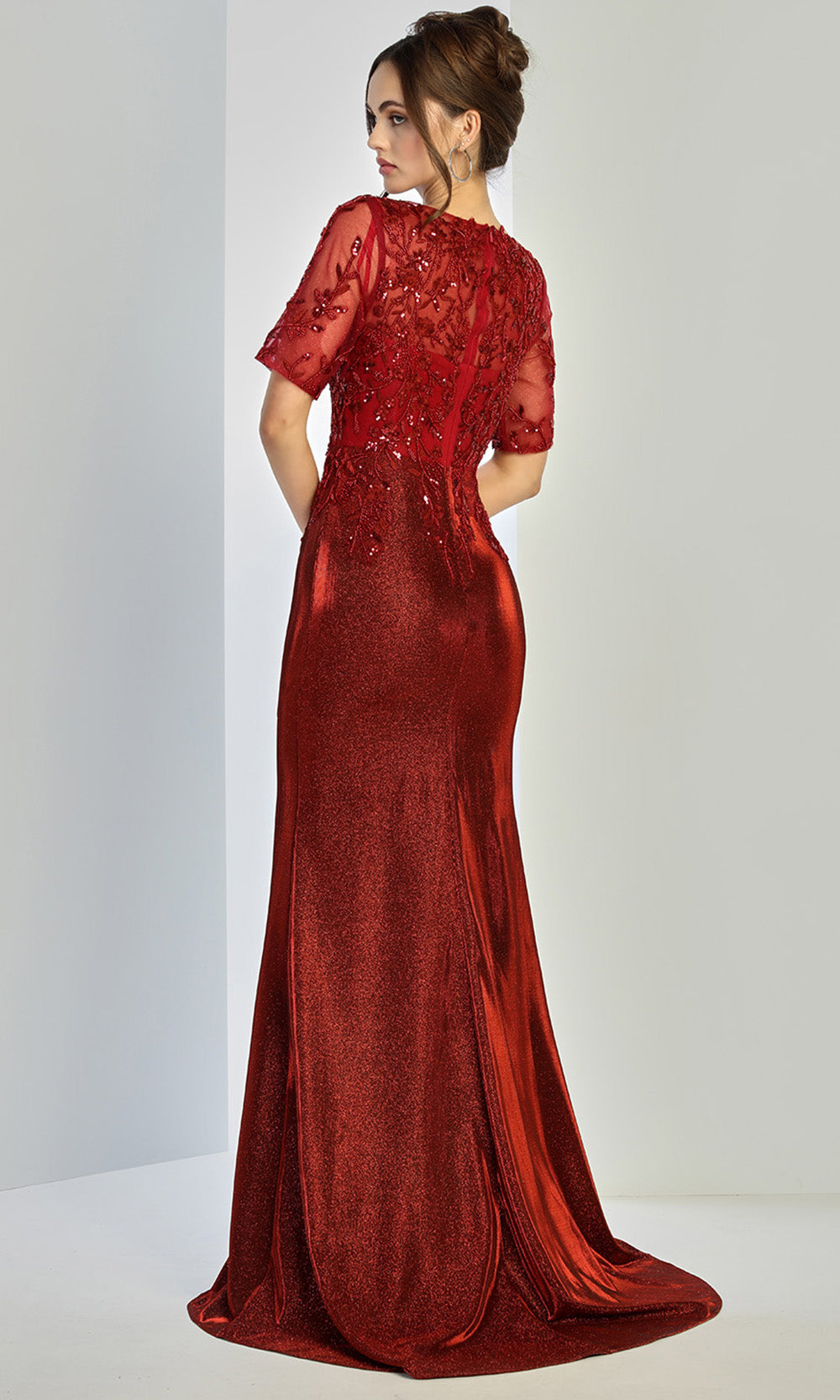 Adora Design 3252-03 - Illusion Short Sleeve Applique Long Gown