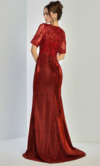 Adora Design 3252-03 - Illusion Short Sleeve Applique Long Gown
