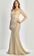 Adora Design 3252-03 - Illusion Short Sleeve Applique Long Gown