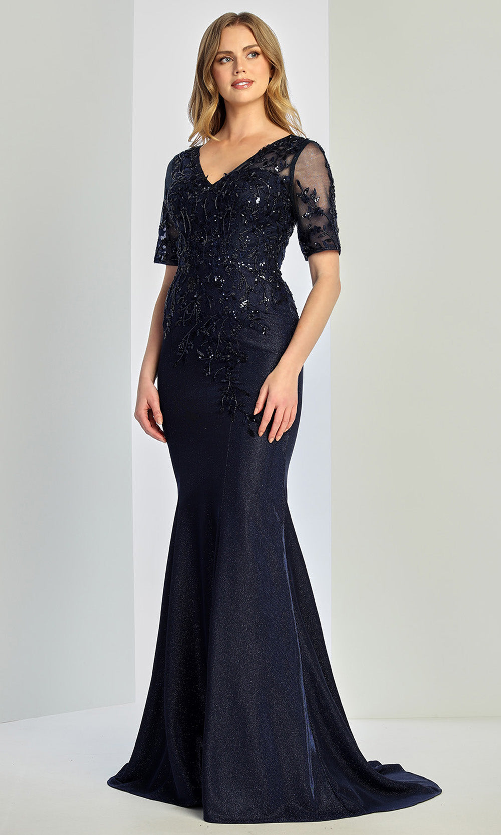 Adora Design 3252-03 - Illusion Short Sleeve Applique Long Gown