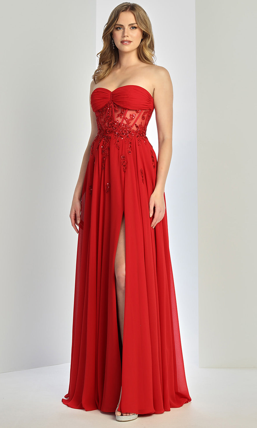 Adora Design 3264 - Lace Applique A-Line High Slit Gown