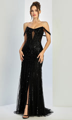 Adora Design 3271 - Scoop Neck Beaded Gown with Front Slit