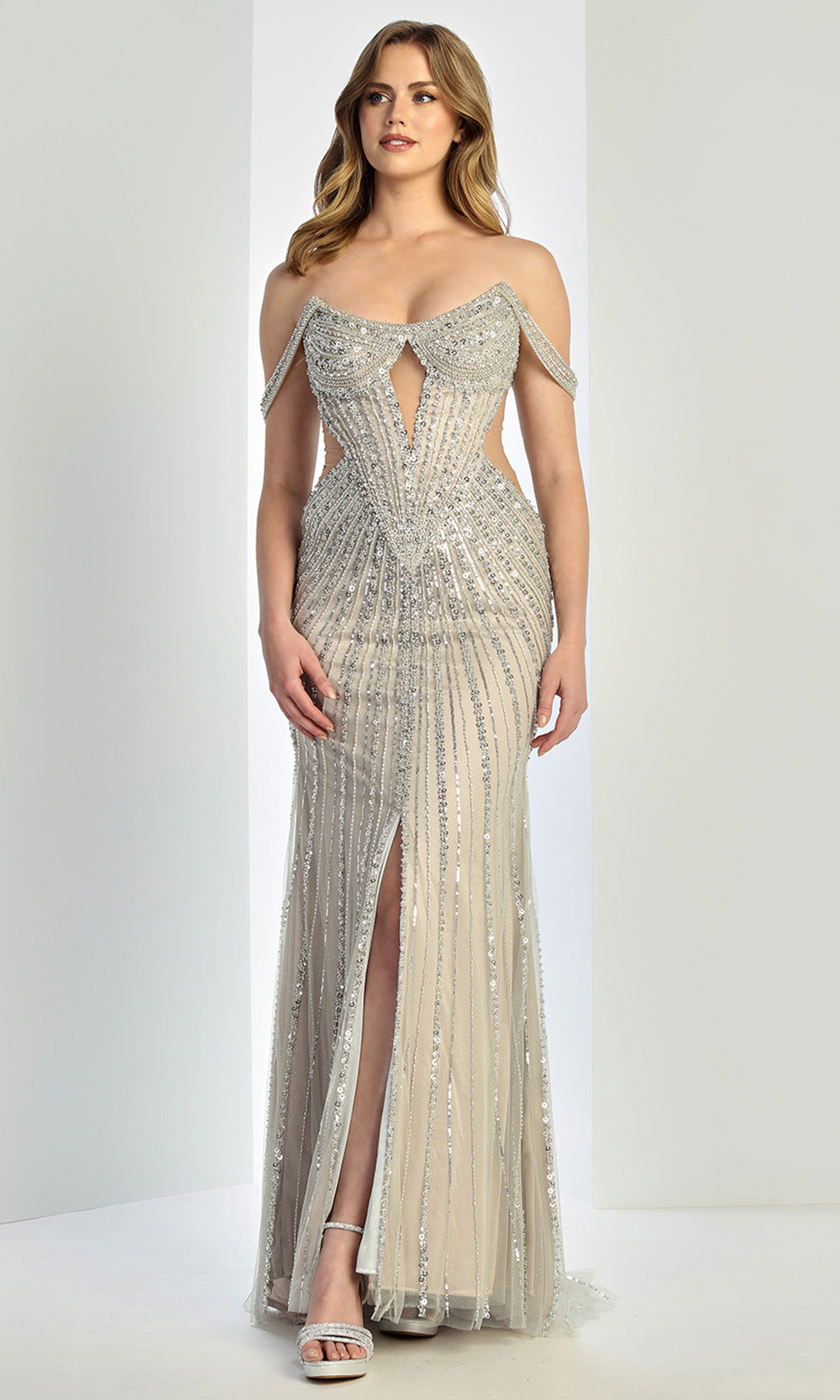 Adora Design 3271 - Scoop Neck Beaded Gown with Front Slit