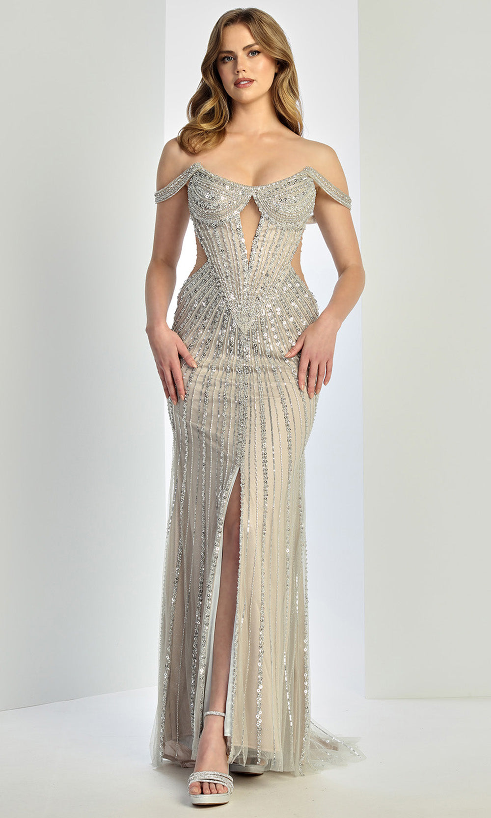 Adora Design 3271 - Scoop Neck Beaded Gown with Front Slit