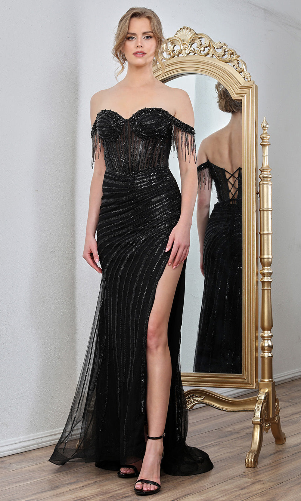 Adora Design 3296 - Sweetheart Sparkling Fitted Gown with Fringes