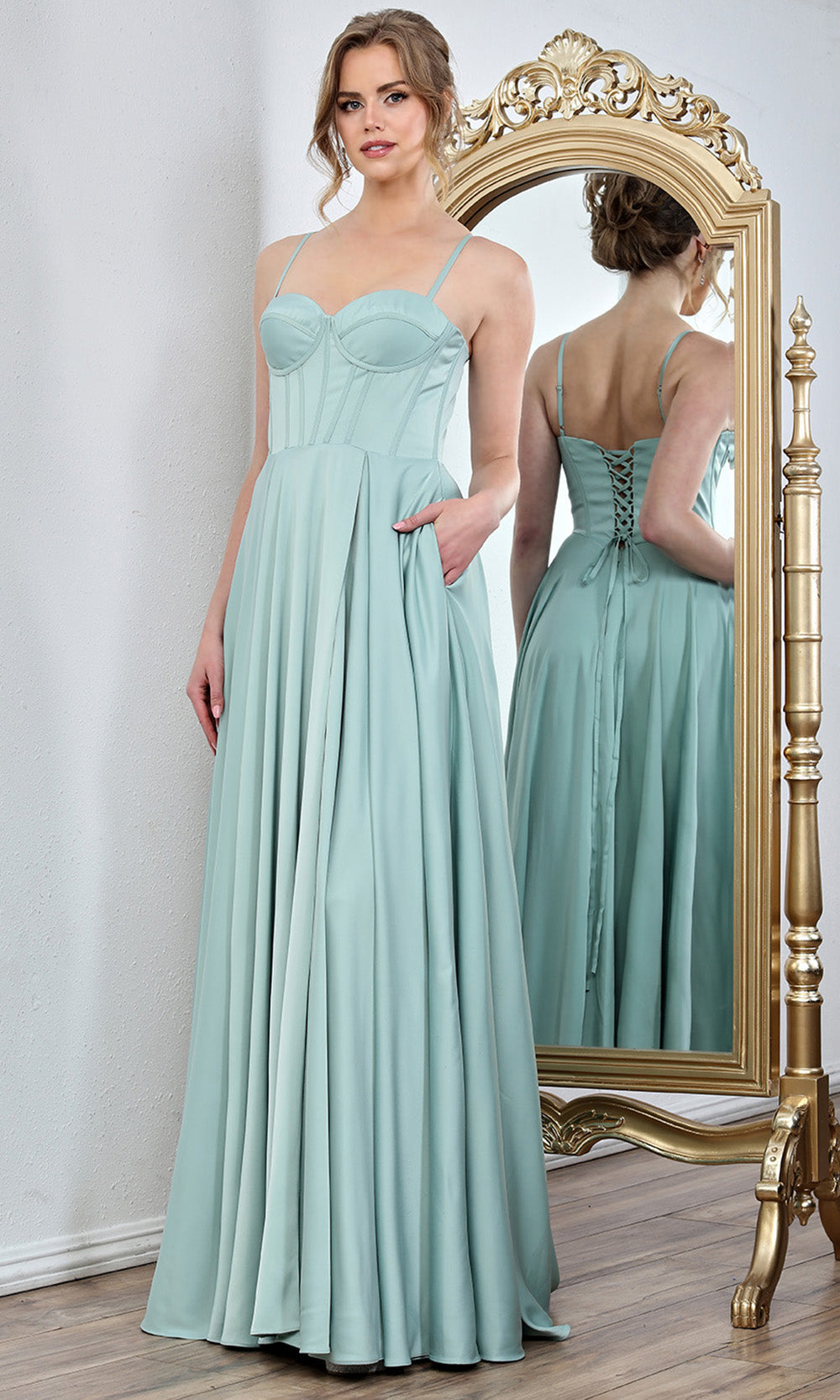 Adora Design 3301 - Spaghetti Strap Corset Long Gown with Pockets
