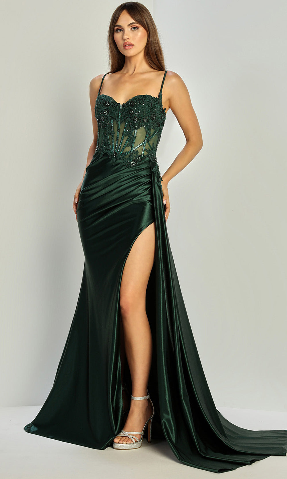 Adora Design 3302 - Sleeveless Embroidered Corset Gown with Slit