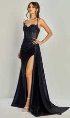 Adora Design 3302 - Sleeveless Embroidered Corset Gown with Slit