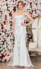 Adora Design 3304-01 - Beaded Lace Spaghetti Strap Long Dress