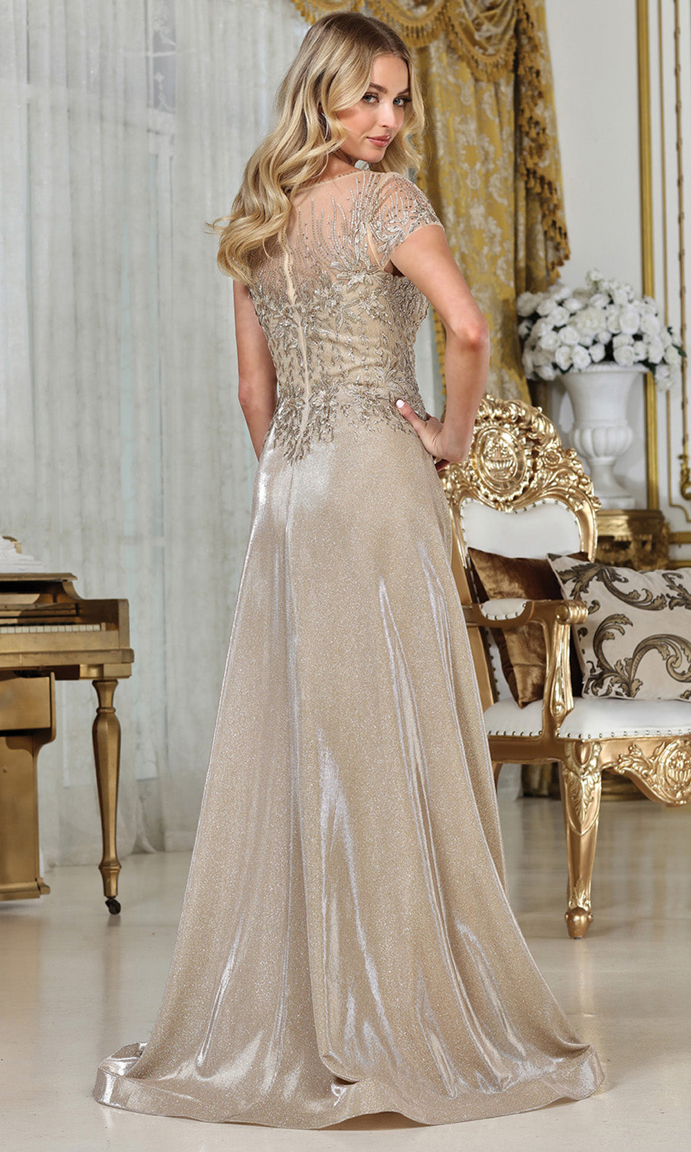 Adora Design 3316-03 - Short Sleeve Applique A-Line Gown