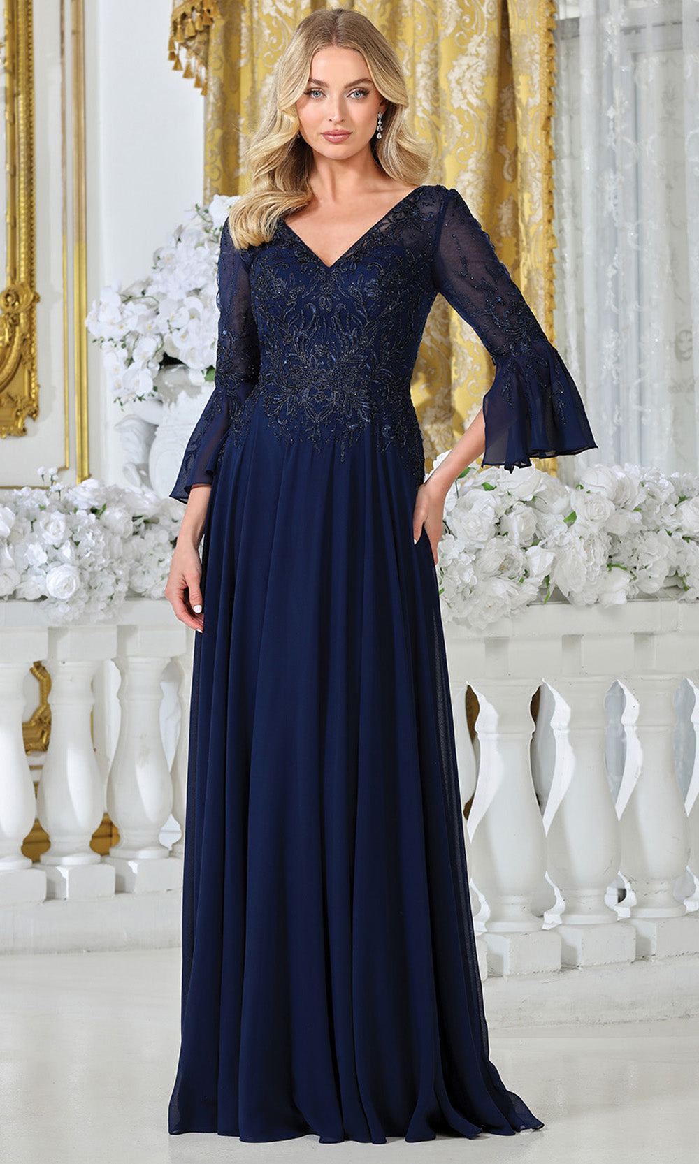 Adora Design 3317-03 - V-Neckline Bell Sleeve A-Line Gown