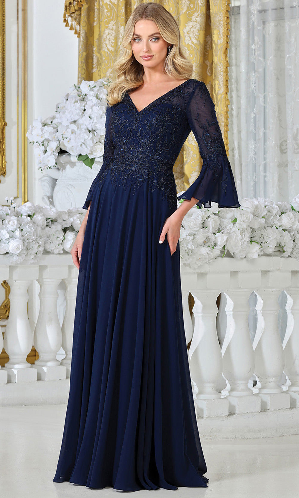 Adora Design 3317-03 - V-Neckline Bell Sleeve A-Line Gown