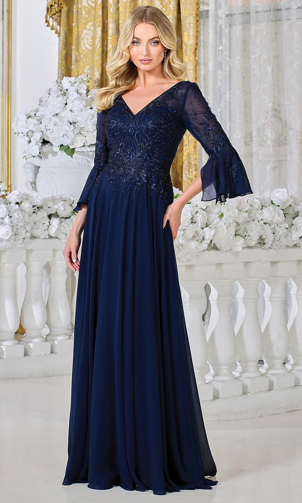 Adora Design 3317-03 - V-Neckline Bell Sleeve A-Line Gown