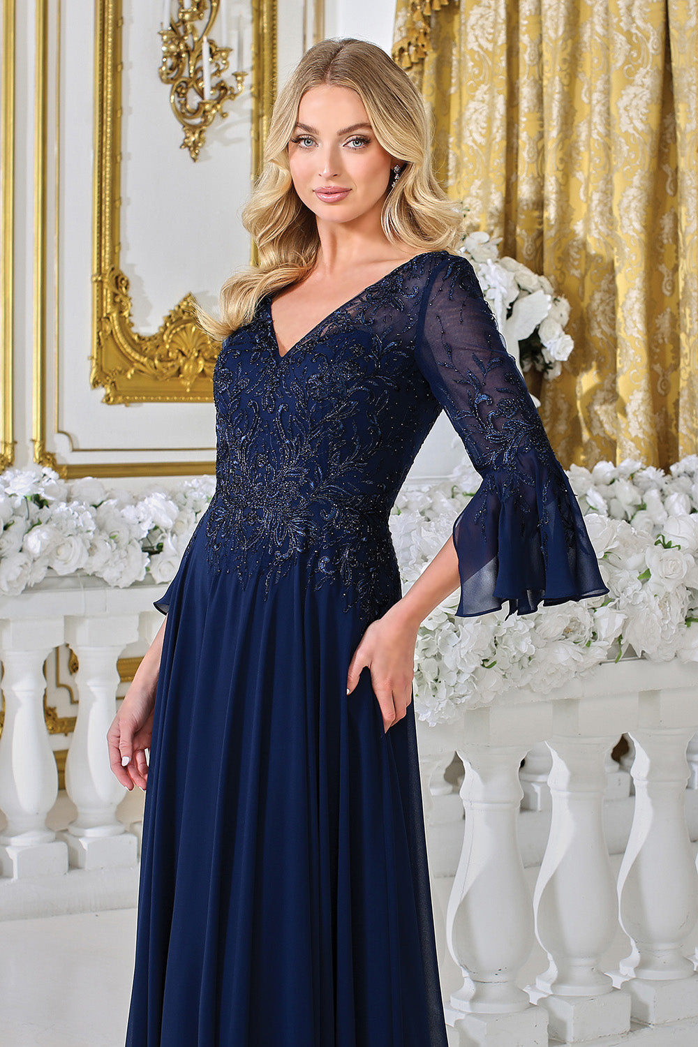 Adora Design 3317-03 - V-Neckline Bell Sleeve A-Line Gown