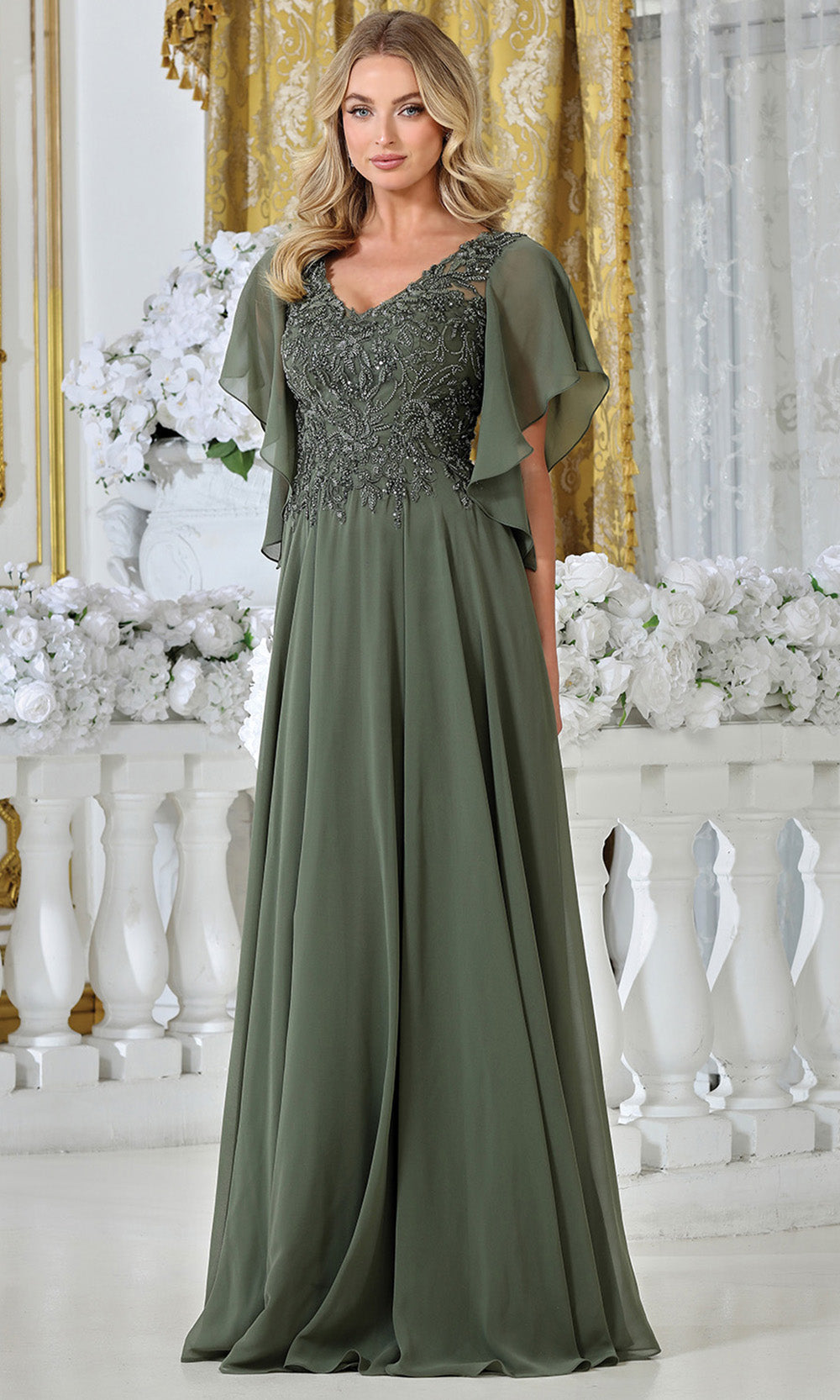 Adora Design 3318-03 - V-Neckline Beaded Applique Long Gown