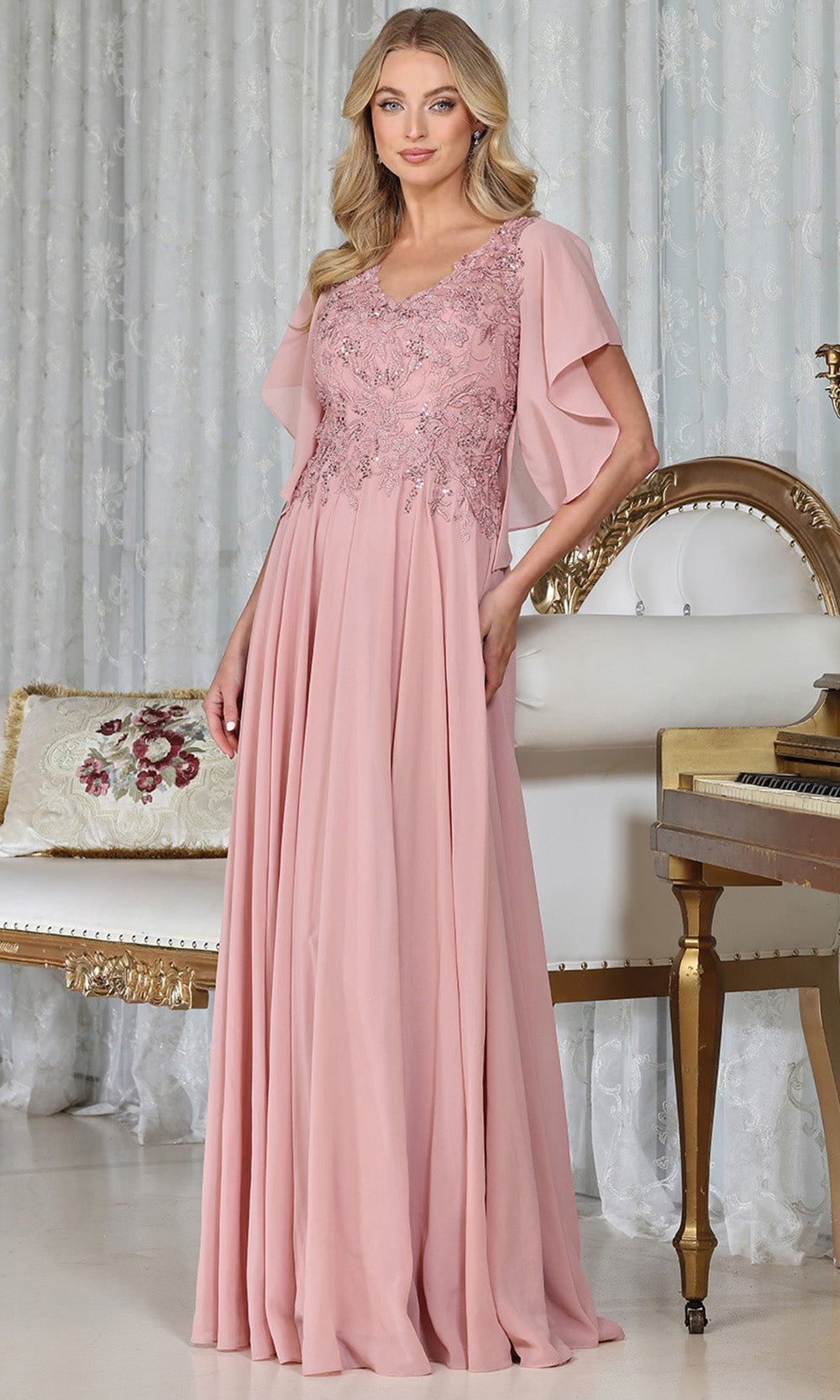 Adora Design 3318-03 - V-Neckline Beaded Applique Long Gown