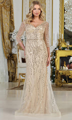 Adora Design 3328-03 - V-Neck Three-Quarter Sleeve Embellished Gown