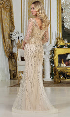 Adora Design 3328-03 - V-Neck Three-Quarter Sleeve Embellished Gown