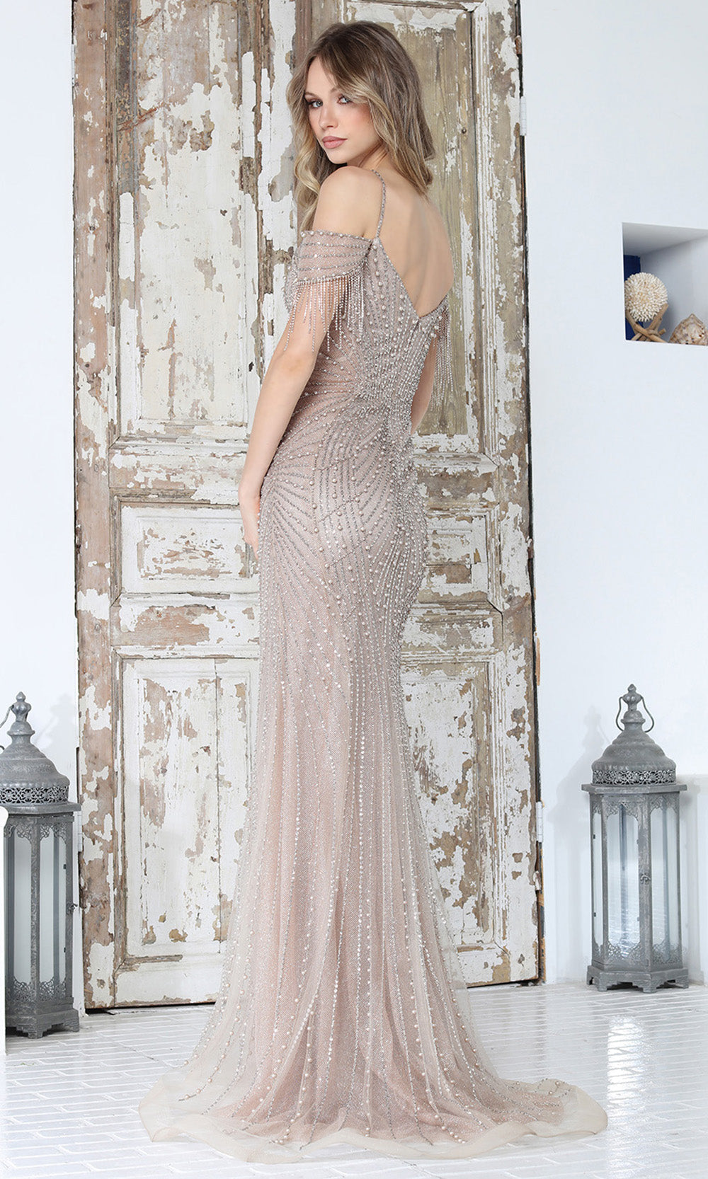Adora Design 3342 - Cold Shoulder Intricate Beaded Long Gown