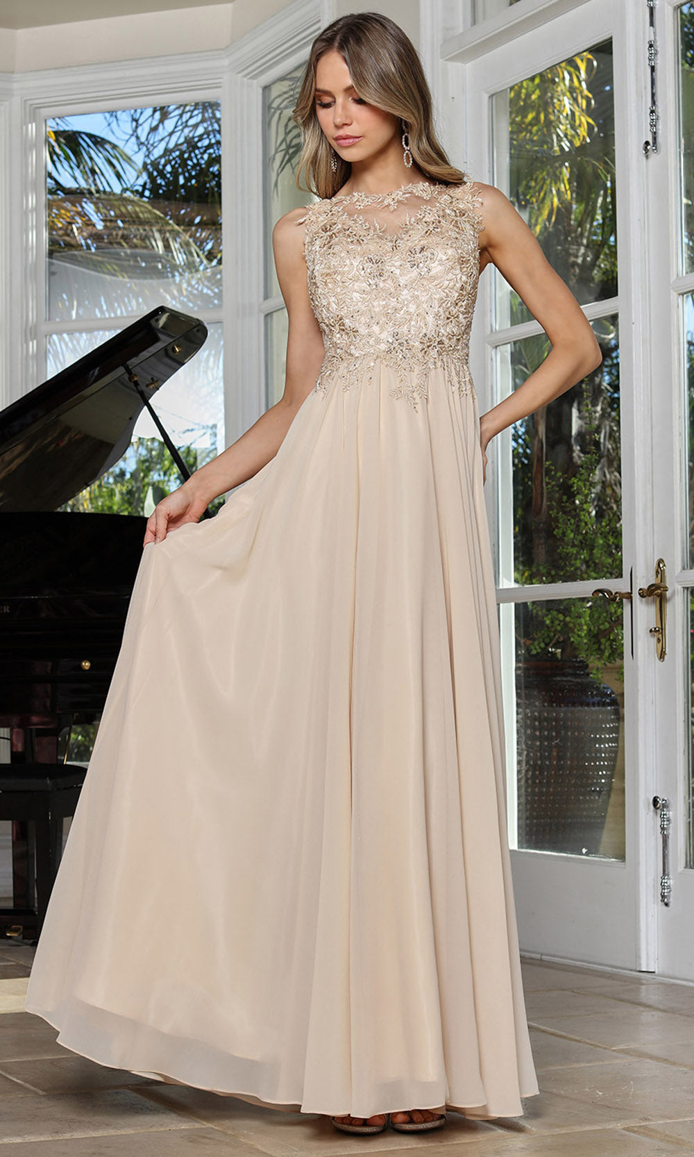 Adora Design 3344-03 - Beaded Lace Flowing A-Line Gown