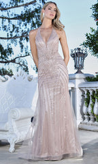 Adora Design 3350 - Plunging Halter Linear Beaded Long Gown