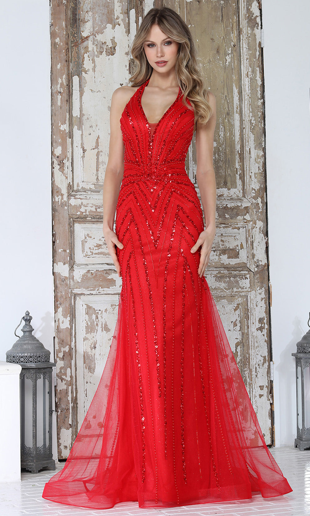 Adora Design 3350 - Plunging Halter Linear Beaded Long Gown
