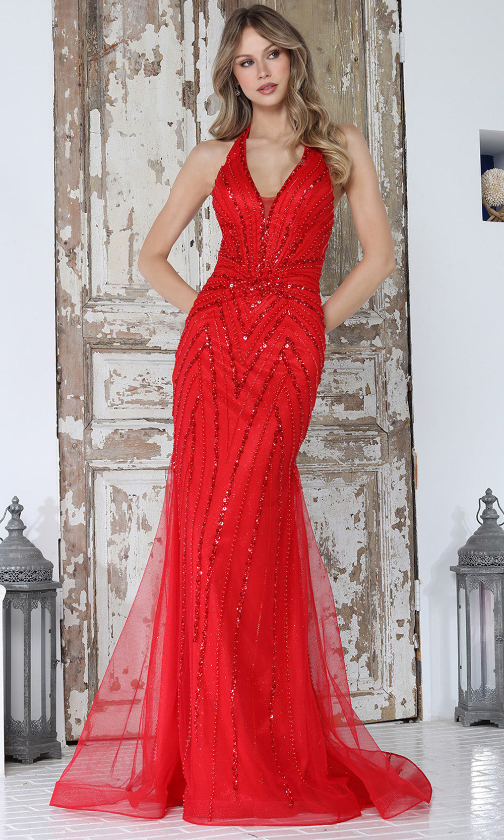 Adora Design 3350 - Plunging Halter Linear Beaded Long Gown