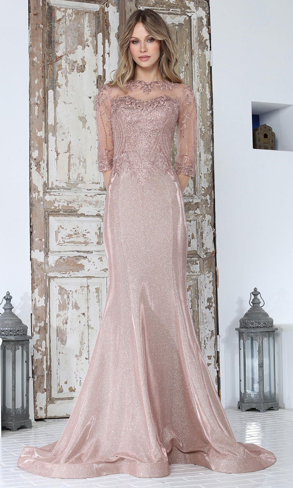 Adora Design 3354-03 - Bateau Neck Lace Mermaid Gown