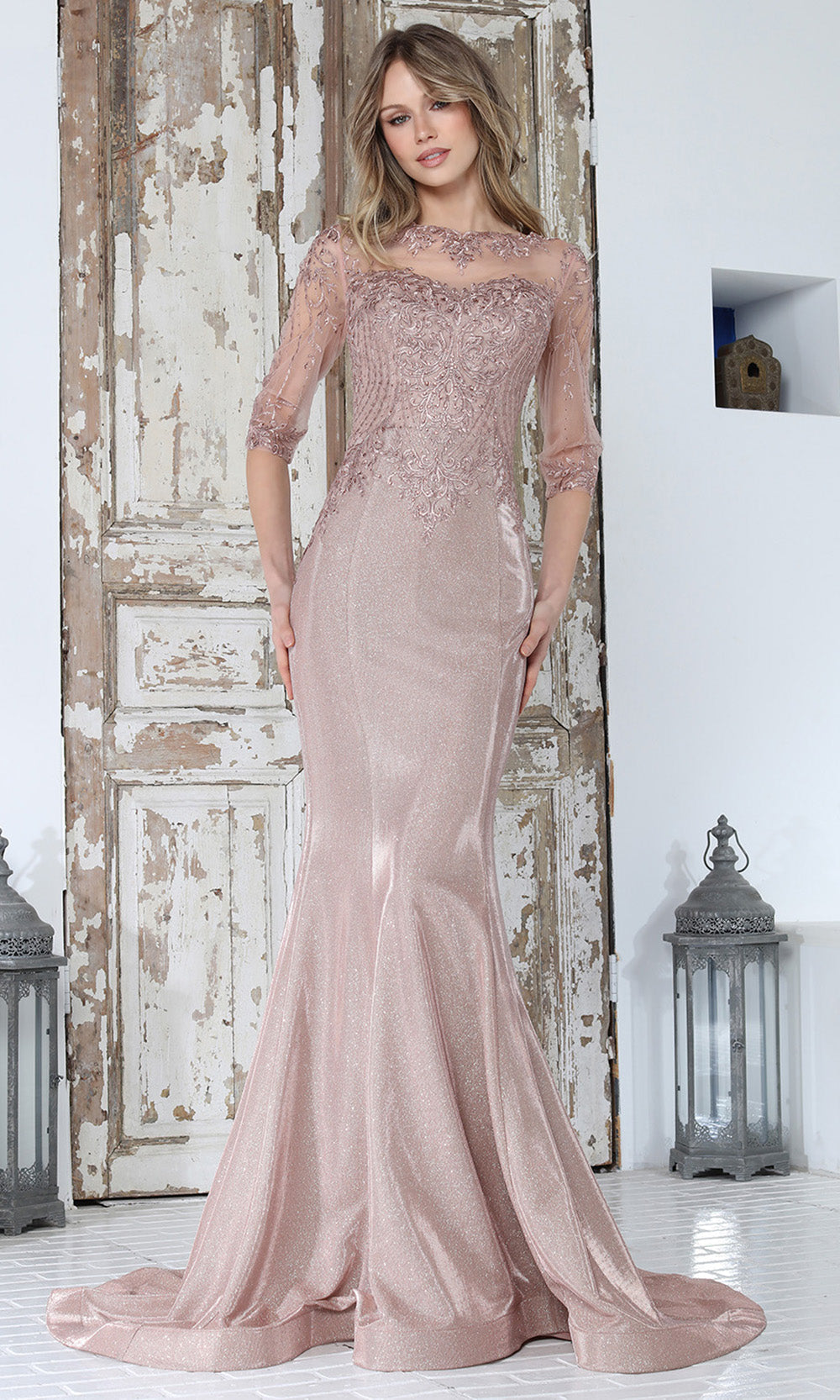 Adora Design 3354-03 - Bateau Neck Lace Mermaid Gown