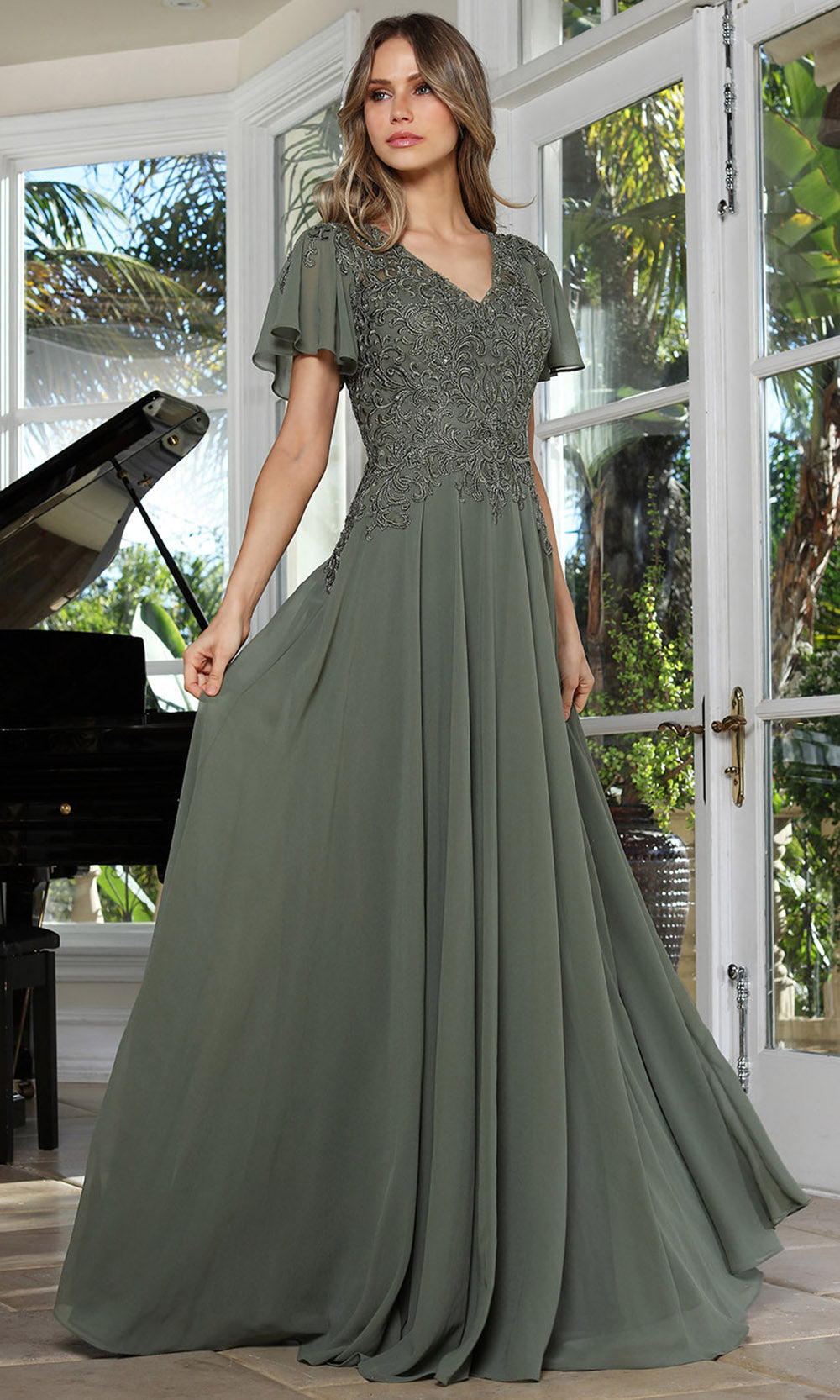Adora Design 3356-03 - V-Neck Beaded Lace Formal Gown