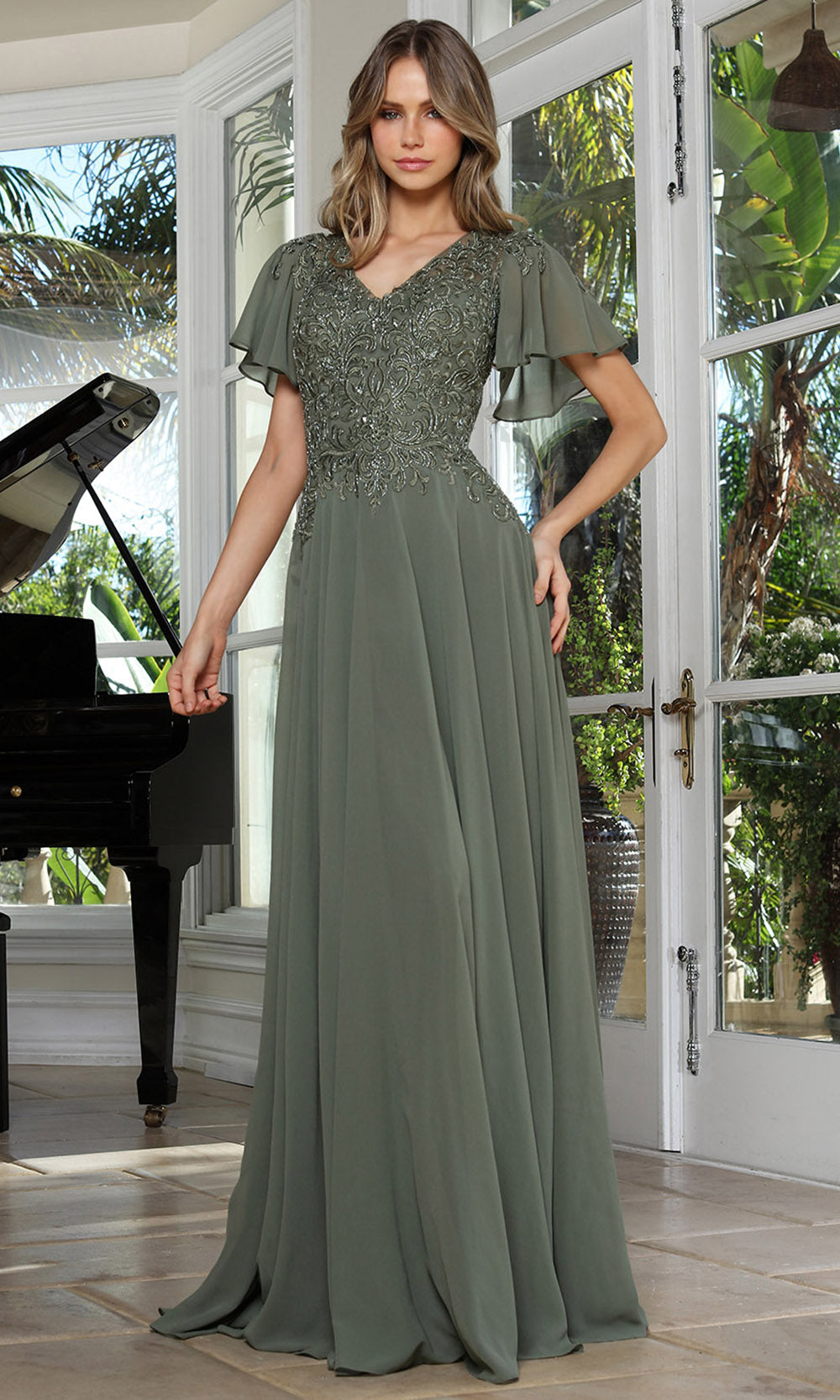 Adora Design 3356-03 - V-Neck Beaded Lace Formal Gown