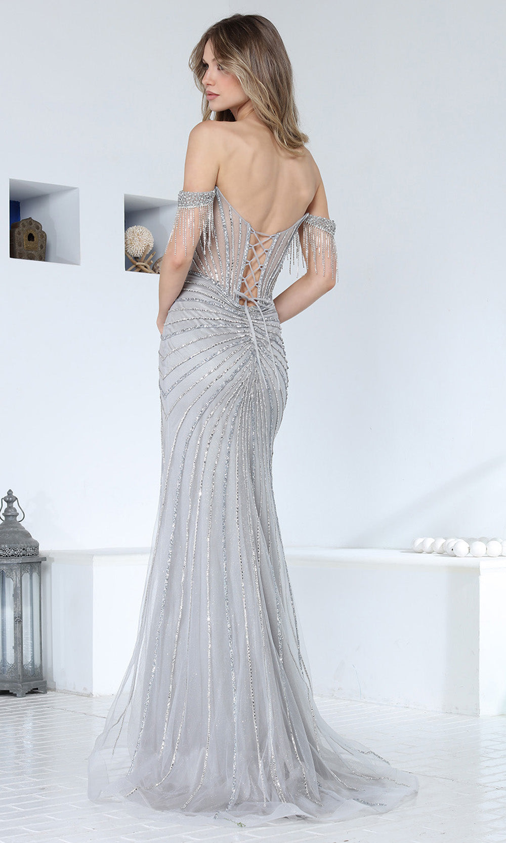 Adora Design 3362 - Linear Beaded Sheath Evening Gown with Slit