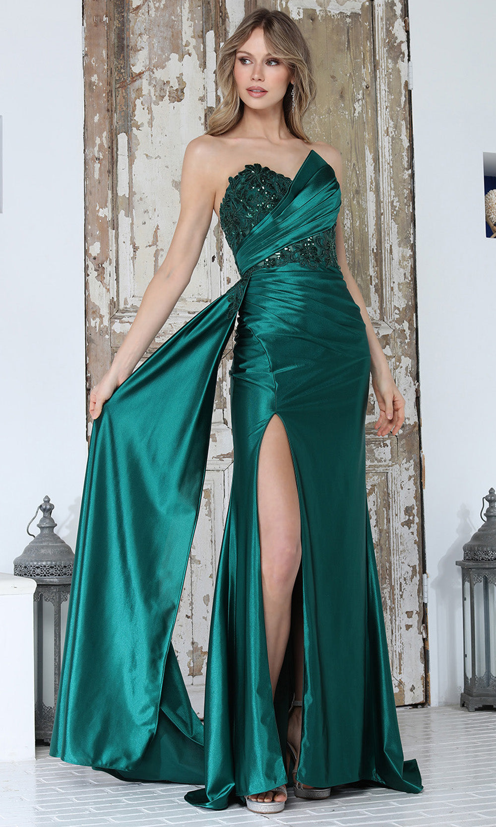 Adora Design 3381 - Strapless Applique Sheath Dress with Side Sash