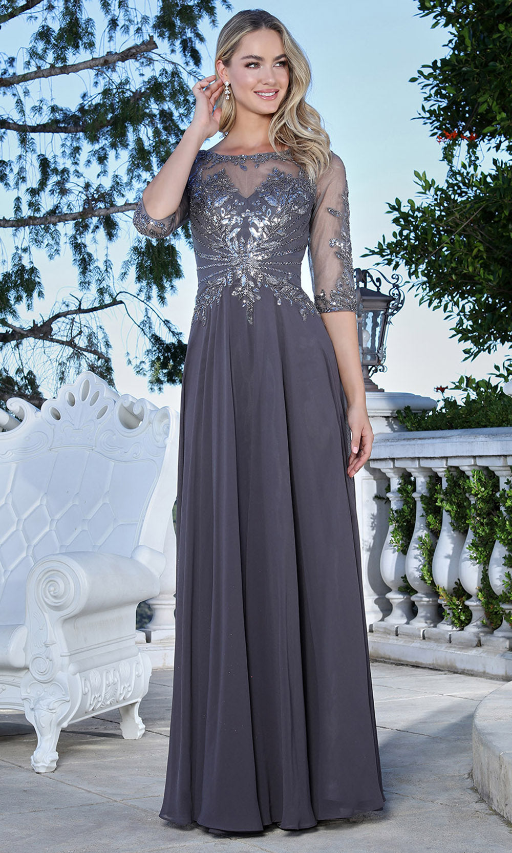 Adora Design 3382-03 - Bateau Neckline Lace Applique Long Gown