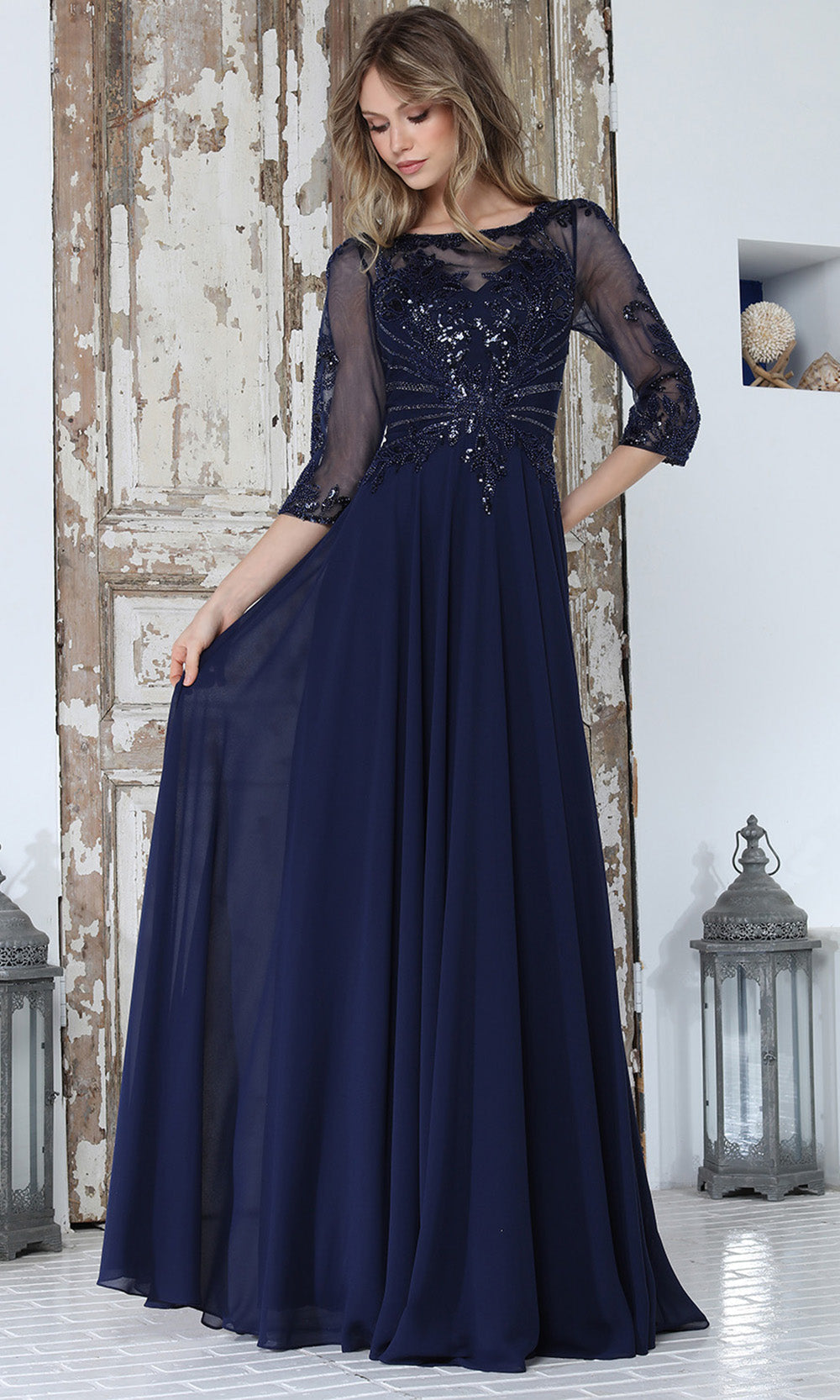 Adora Design 3382-03 - Bateau Neckline Lace Applique Long Gown
