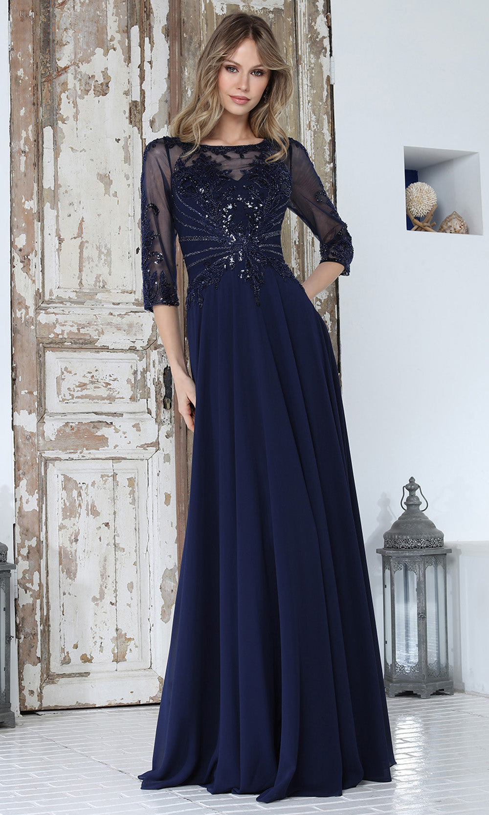Adora Design 3382-03 - Bateau Neckline Lace Applique Long Gown