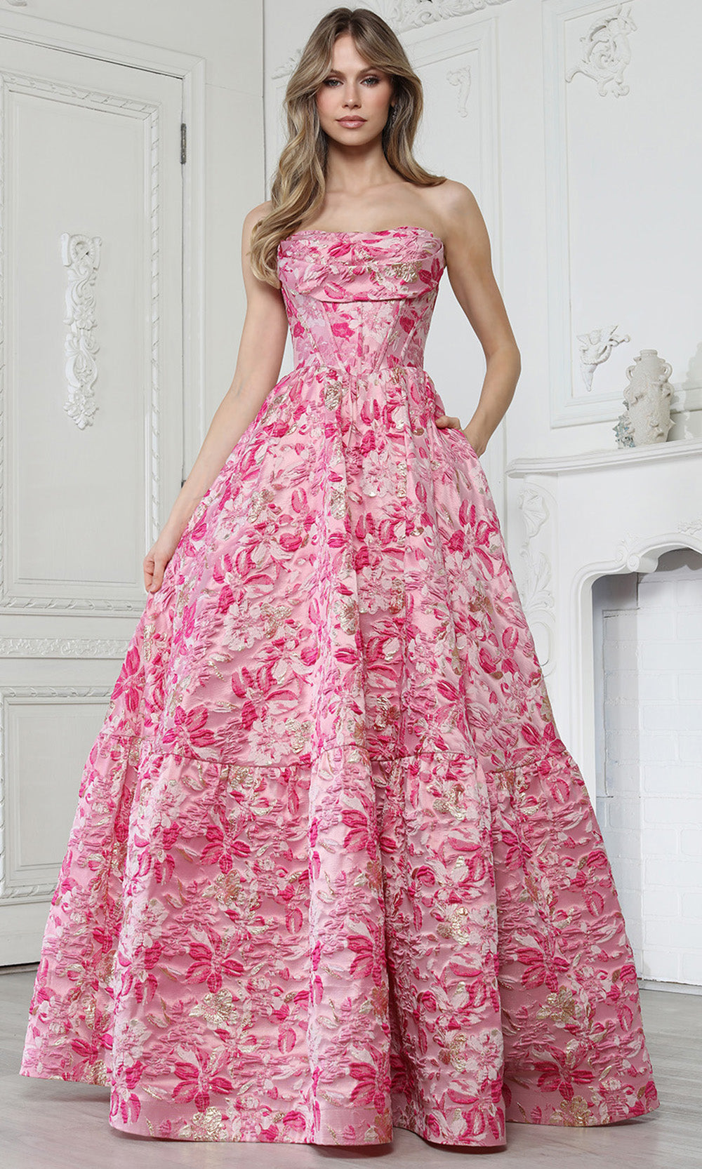 Adora Design 3384 - Cowl Neck Tiered Floral Evening Gown