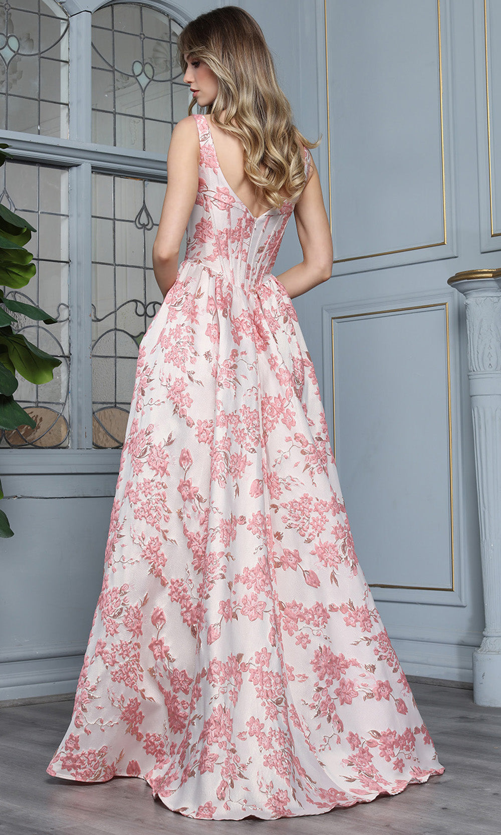 Adora Design 3396 - Square Neck Long Gown with Floral Texture