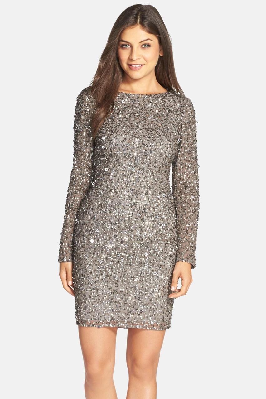 Adrianna Papell - 41915670SC Jewel Neck Long Sleeve Shimmer Dress