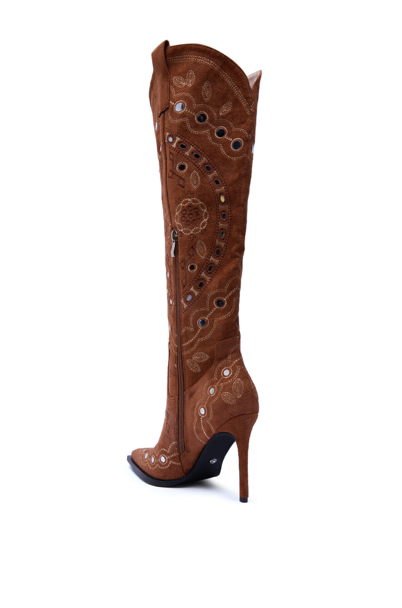 AZALEA WANG AAMINAN TAN FAUX SUEDE EMBELLISHED STILETTO BOOT