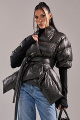 A STEP AHEAD LONG RIBBED SLEEVE PEPLUM PUFFER COAT