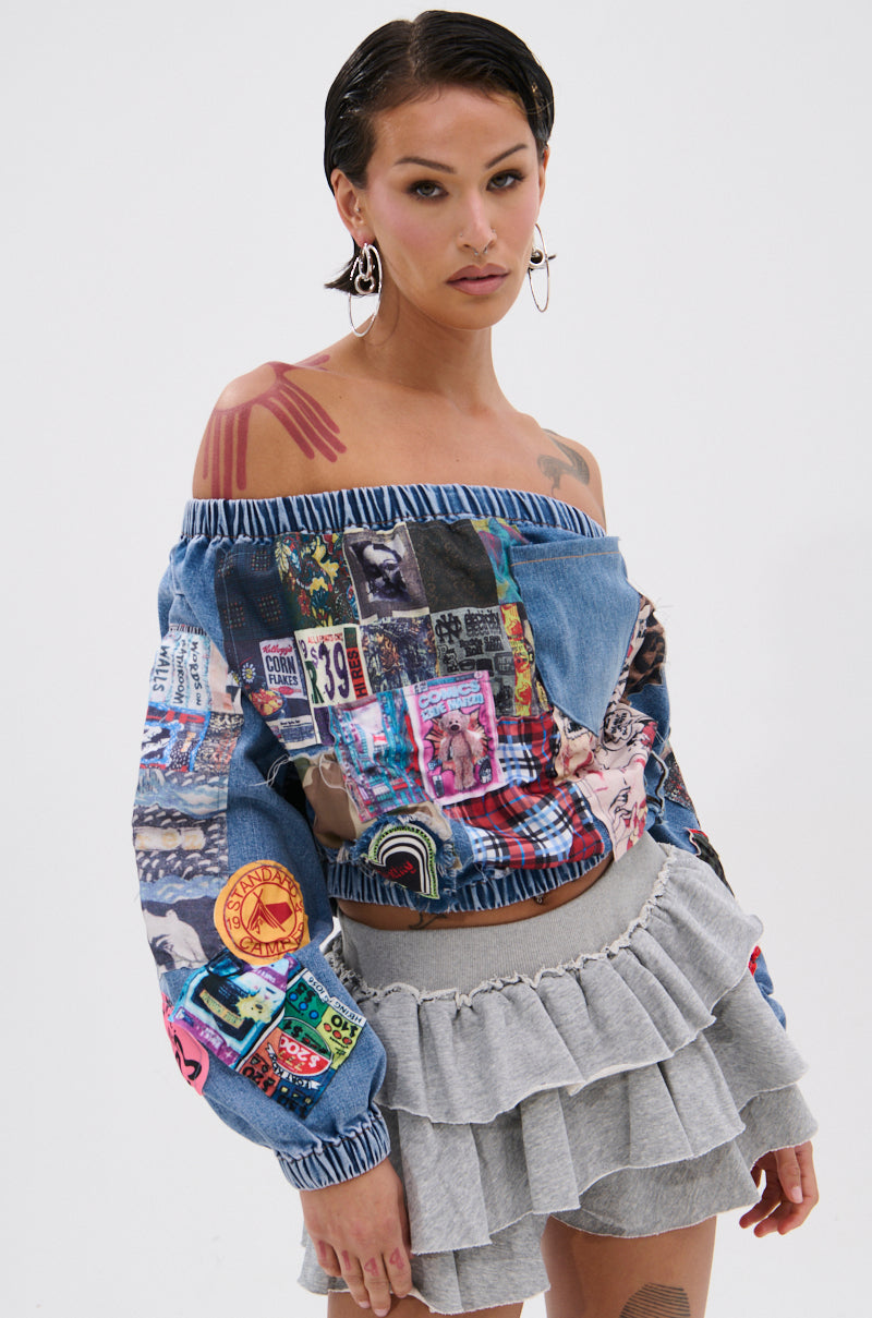 PATCHWORK DENIM OFF THE SHOULDER TOP
