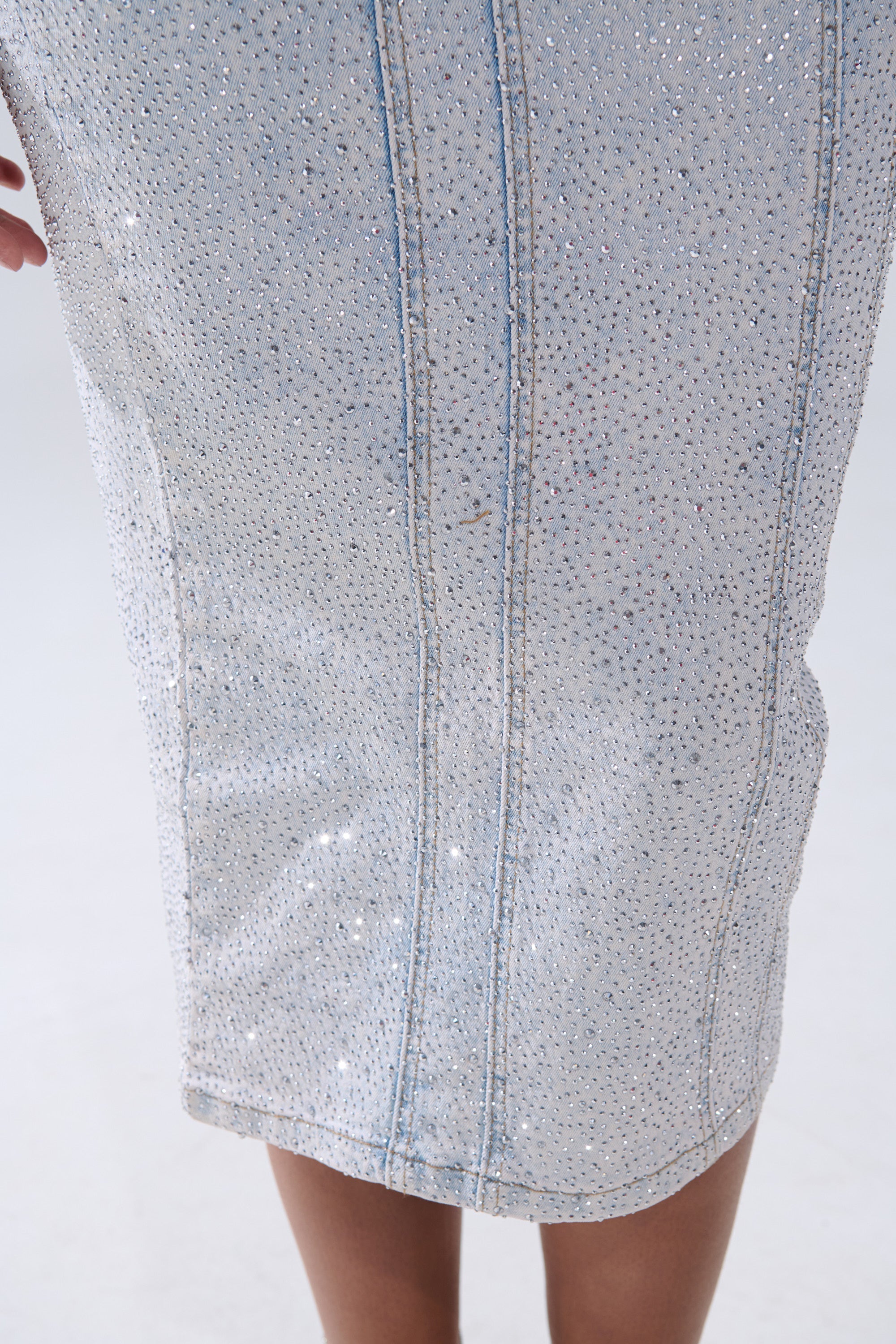AFTER HOURS DENIM RHINESTONE MIDI DRESS