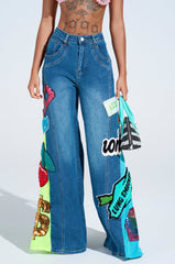 NOT SORRY PATCHWORK MEDIUM BLUE DENIM JEANS